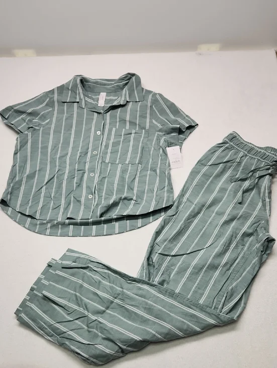 Auden-Green Striped Pajama Set - Short Sleeve Top & Pants Size S - Picture 1 of 6